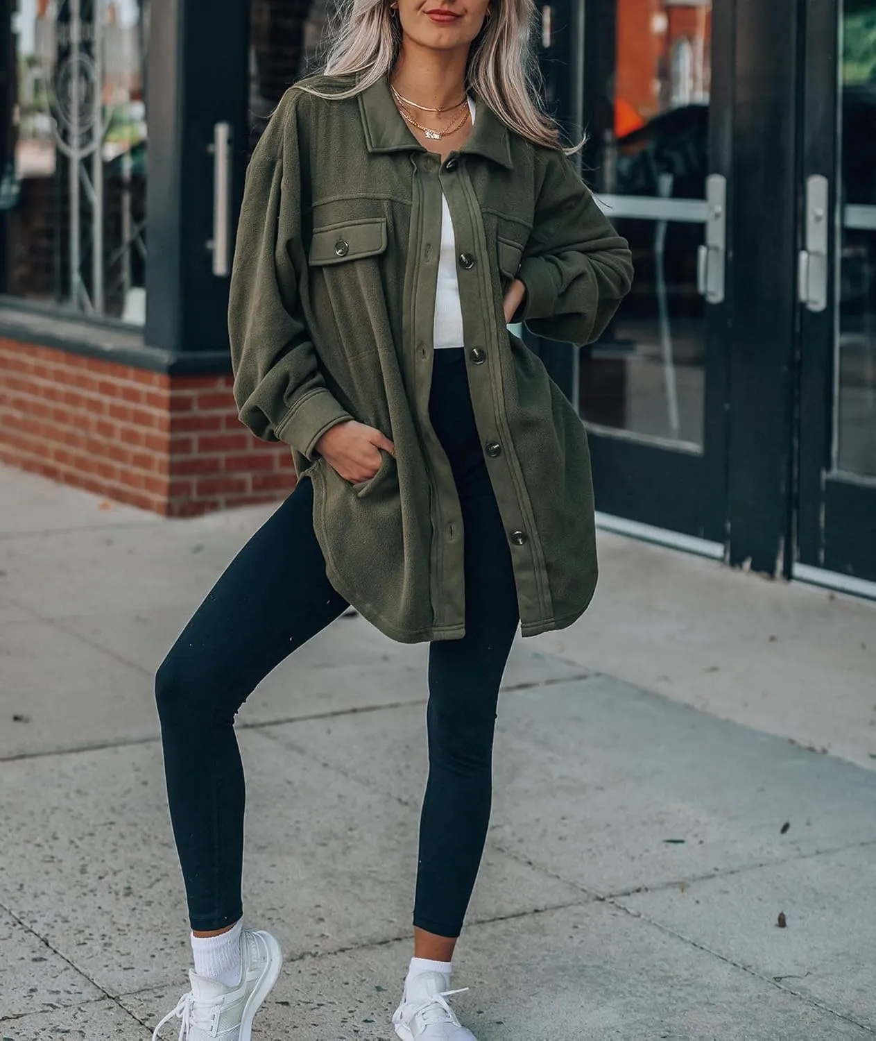 SOMTHRON Women's Fleece Cardigan Long Sleeve Oversized Shacket Sherpa Shirt Jacket Button Down Lapel Collar Blouses Tops