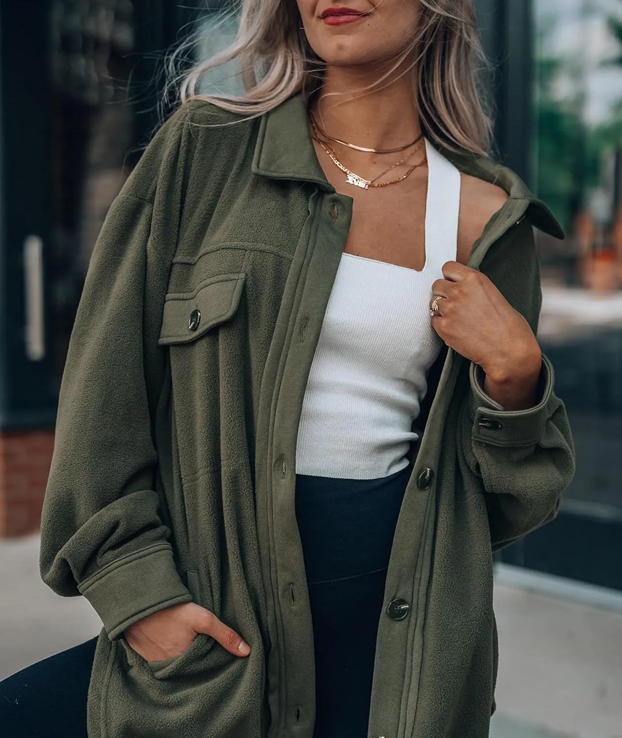 SOMTHRON Women's Fleece Cardigan Long Sleeve Oversized Shacket Sherpa Shirt Jacket Button Down Lapel Collar Blouses Tops