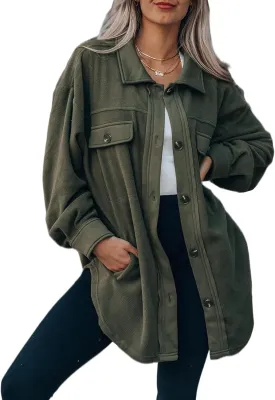 SOMTHRON Women's Fleece Cardigan Long Sleeve Oversized Shacket Sherpa Shirt Jacket Button Down Lapel Collar Blouses Tops
