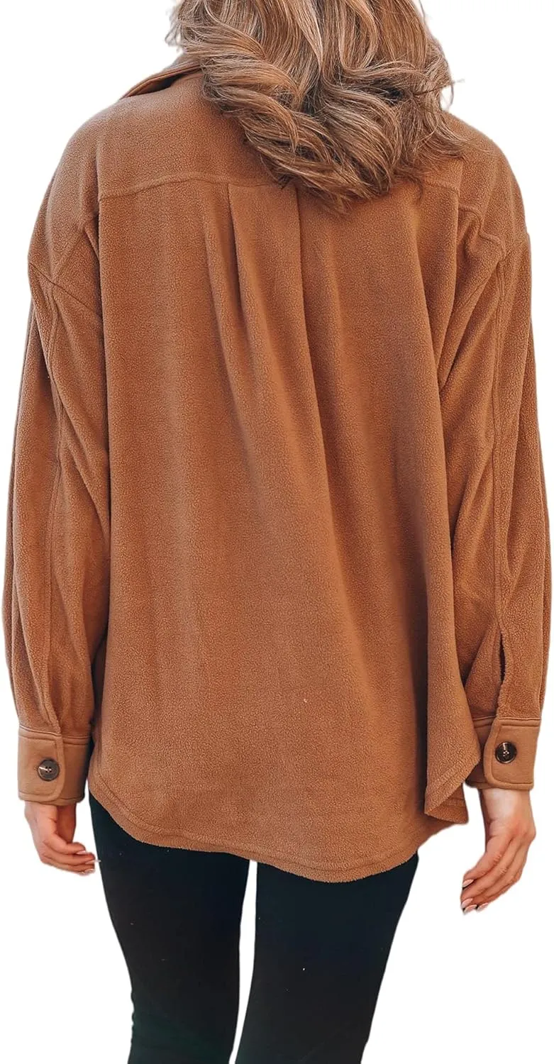 SOMTHRON Women's Fleece Cardigan Long Sleeve Oversized Shacket Sherpa Shirt Jacket Button Down Lapel Collar Blouses Tops