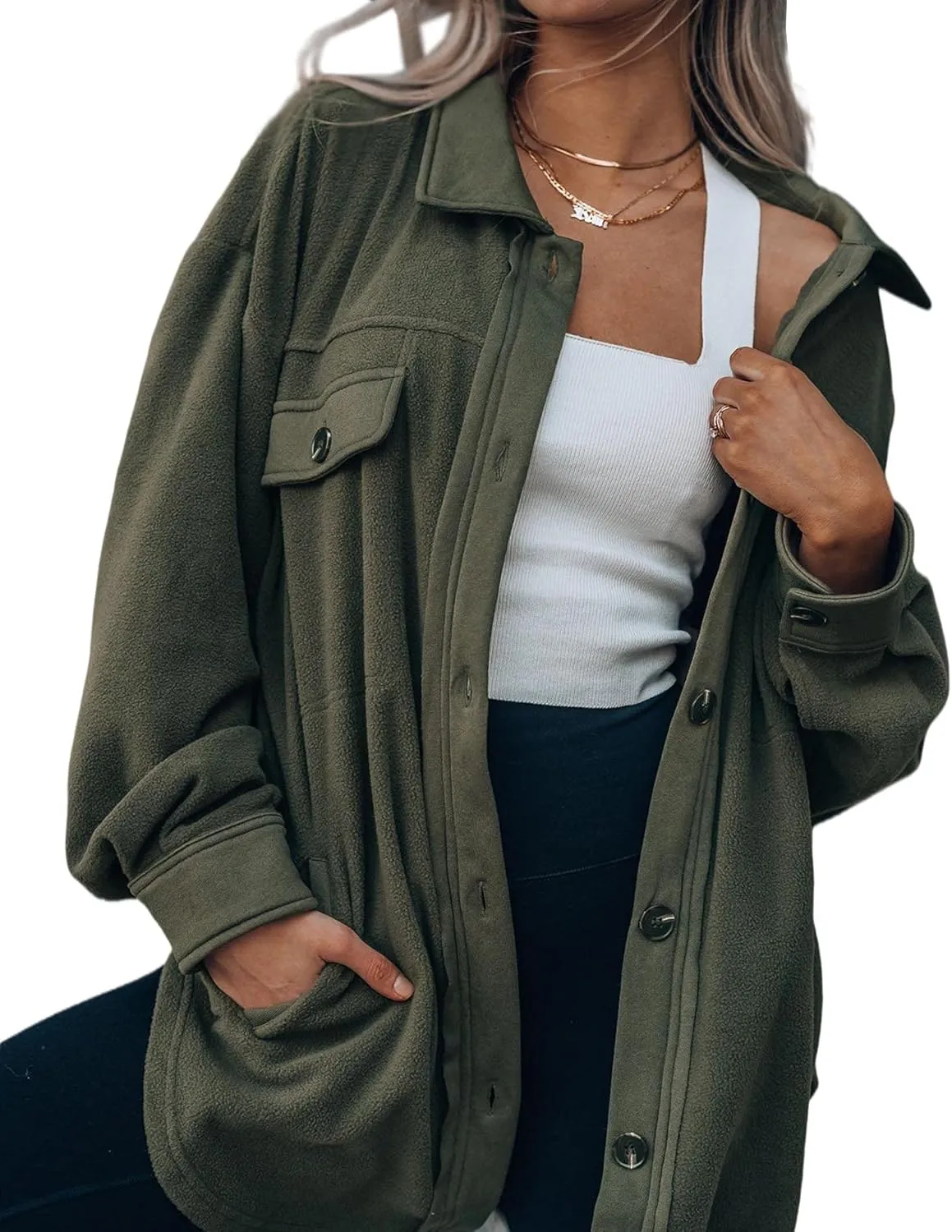SOMTHRON Women's Fleece Cardigan Long Sleeve Oversized Shacket Sherpa Shirt Jacket Button Down Lapel Collar Blouses Tops