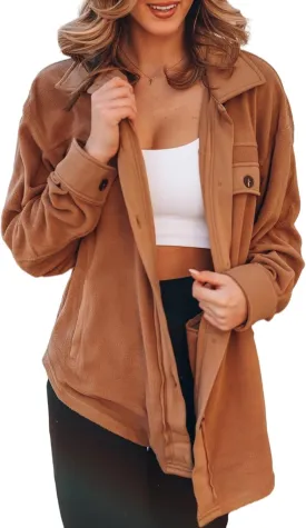 SOMTHRON Women's Fleece Cardigan Long Sleeve Oversized Shacket Sherpa Shirt Jacket Button Down Lapel Collar Blouses Tops