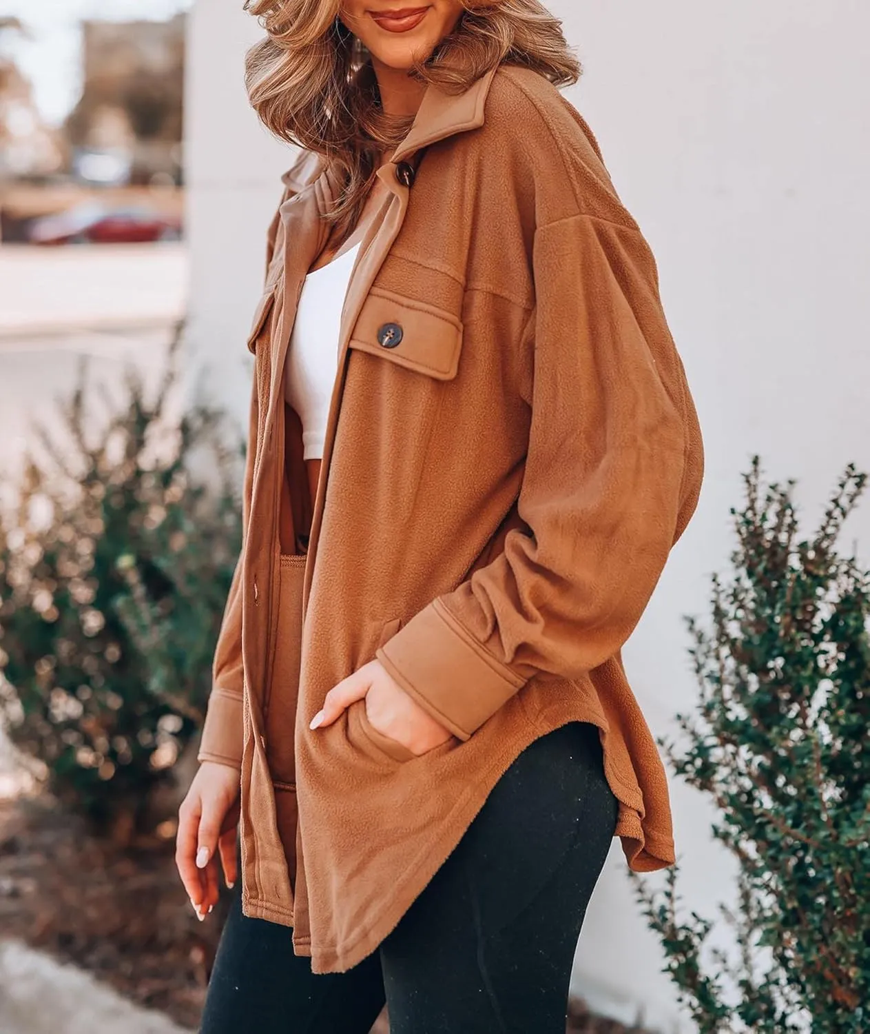 SOMTHRON Women's Fleece Cardigan Long Sleeve Oversized Shacket Sherpa Shirt Jacket Button Down Lapel Collar Blouses Tops