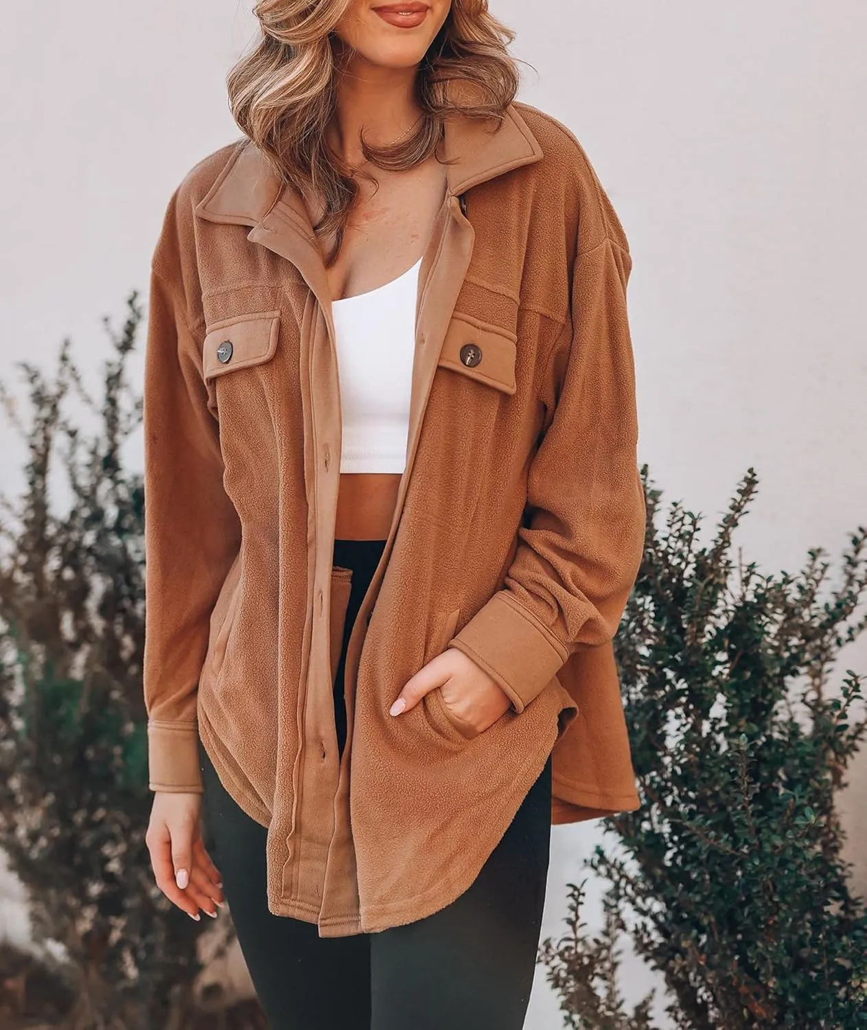 SOMTHRON Women's Fleece Cardigan Long Sleeve Oversized Shacket Sherpa Shirt Jacket Button Down Lapel Collar Blouses Tops