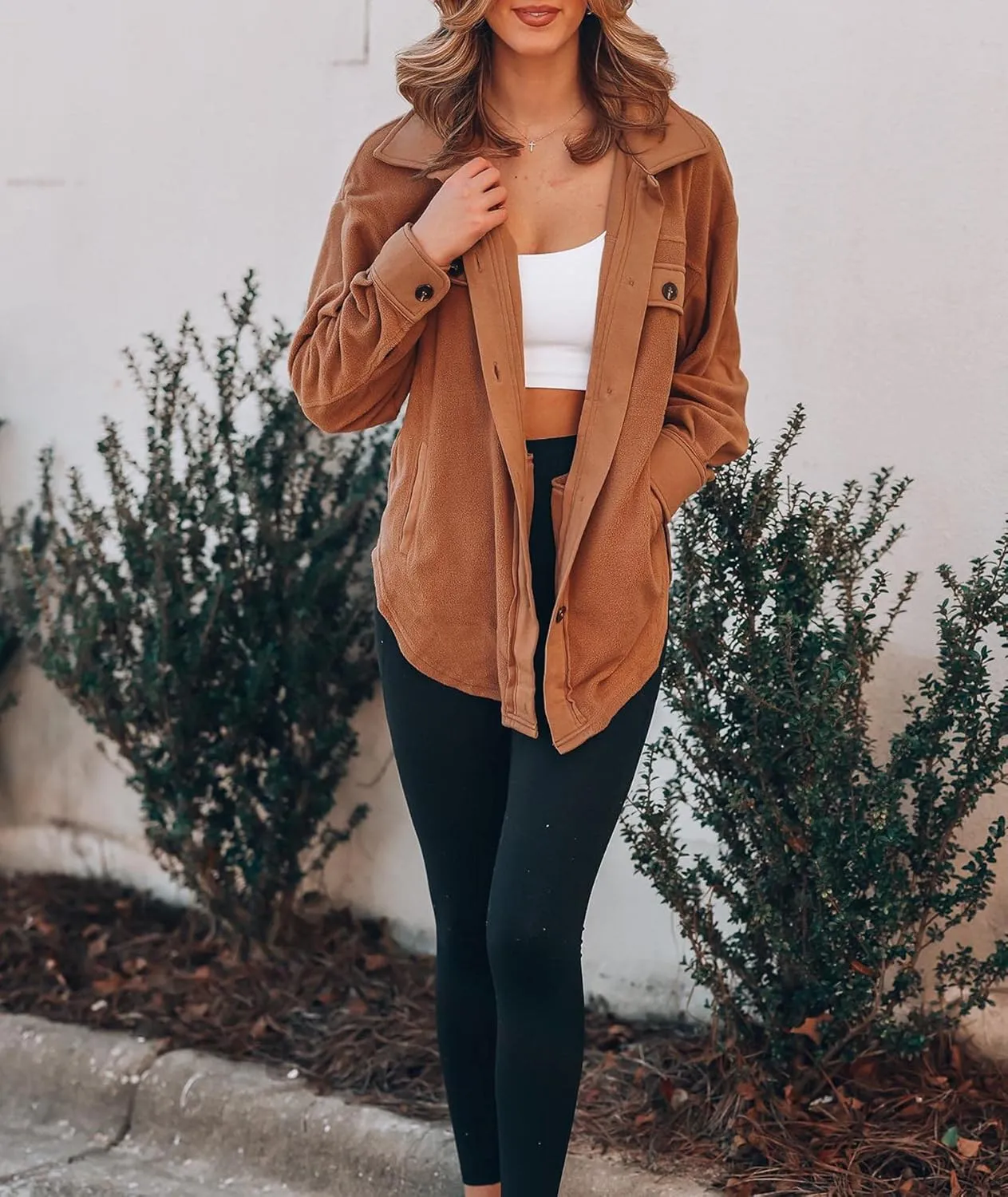 SOMTHRON Women's Fleece Cardigan Long Sleeve Oversized Shacket Sherpa Shirt Jacket Button Down Lapel Collar Blouses Tops