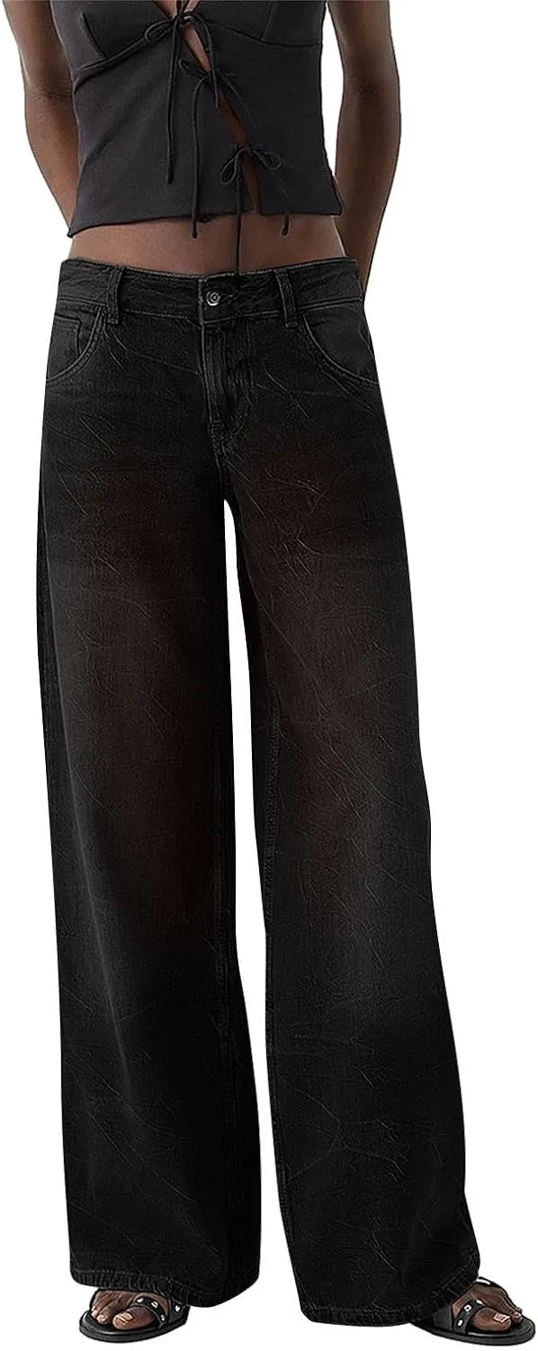 Straight Leg Jeans for Women High Waisted Stretchy Frayed Raw Hem Loose Denim Pants Casual Baggy Bootcut Trousers