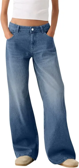 Straight Leg Jeans for Women High Waisted Stretchy Frayed Raw Hem Loose Denim Pants Casual Baggy Bootcut Trousers