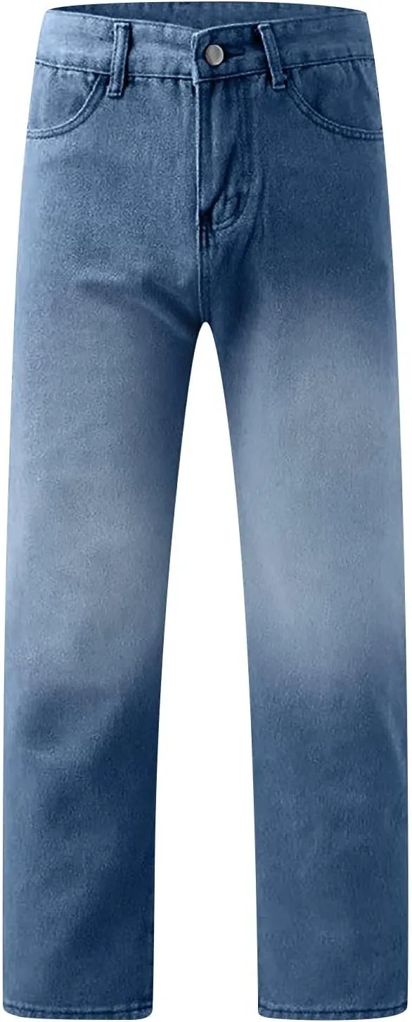 Straight Leg Jeans for Women High Waisted Stretchy Frayed Raw Hem Loose Denim Pants Casual Baggy Bootcut Trousers