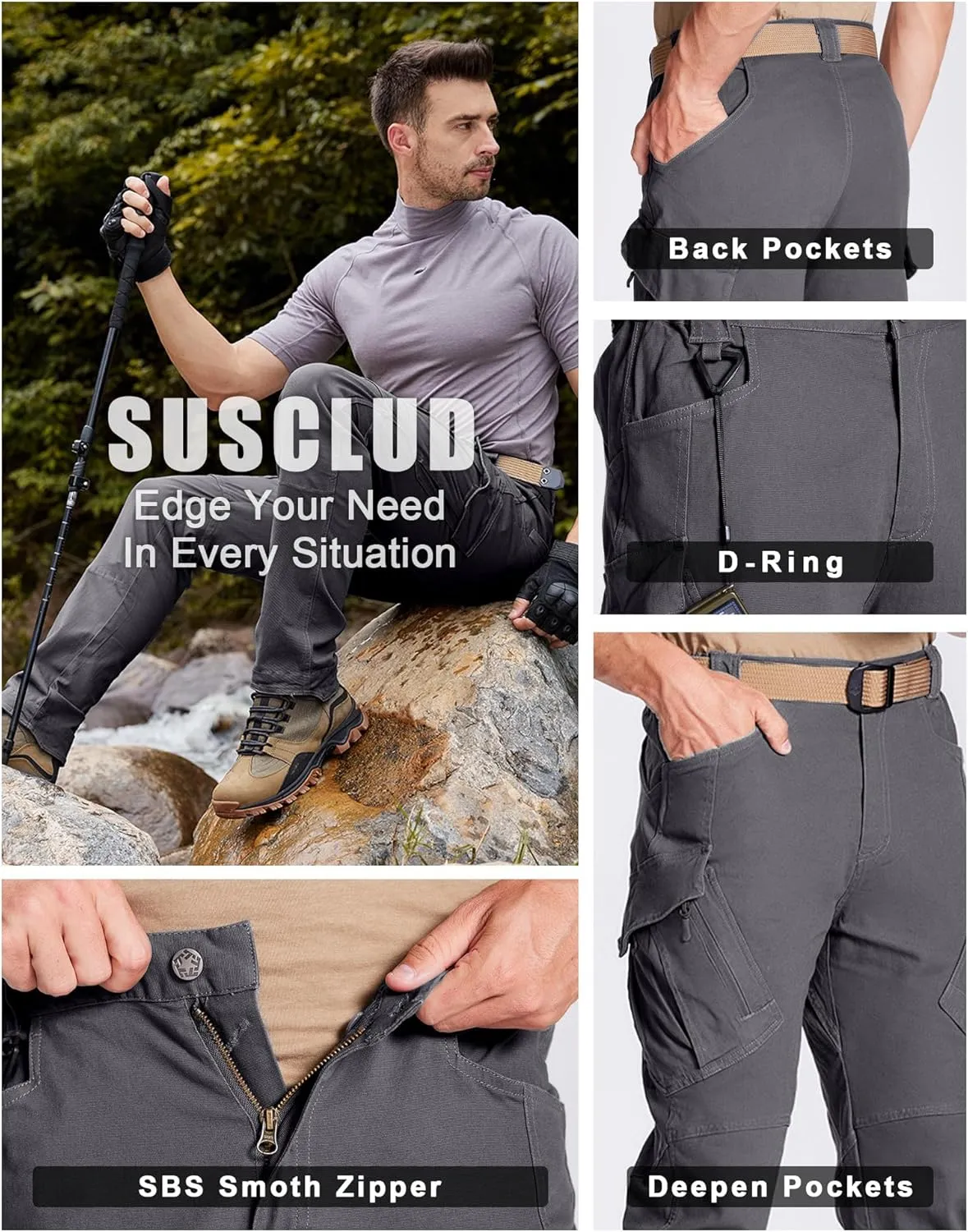 Susclude Men's Outdoor Cargo Work Trousers Military Tactical Pants Ripstop Assault Combat Trousers Hiking Pants Men