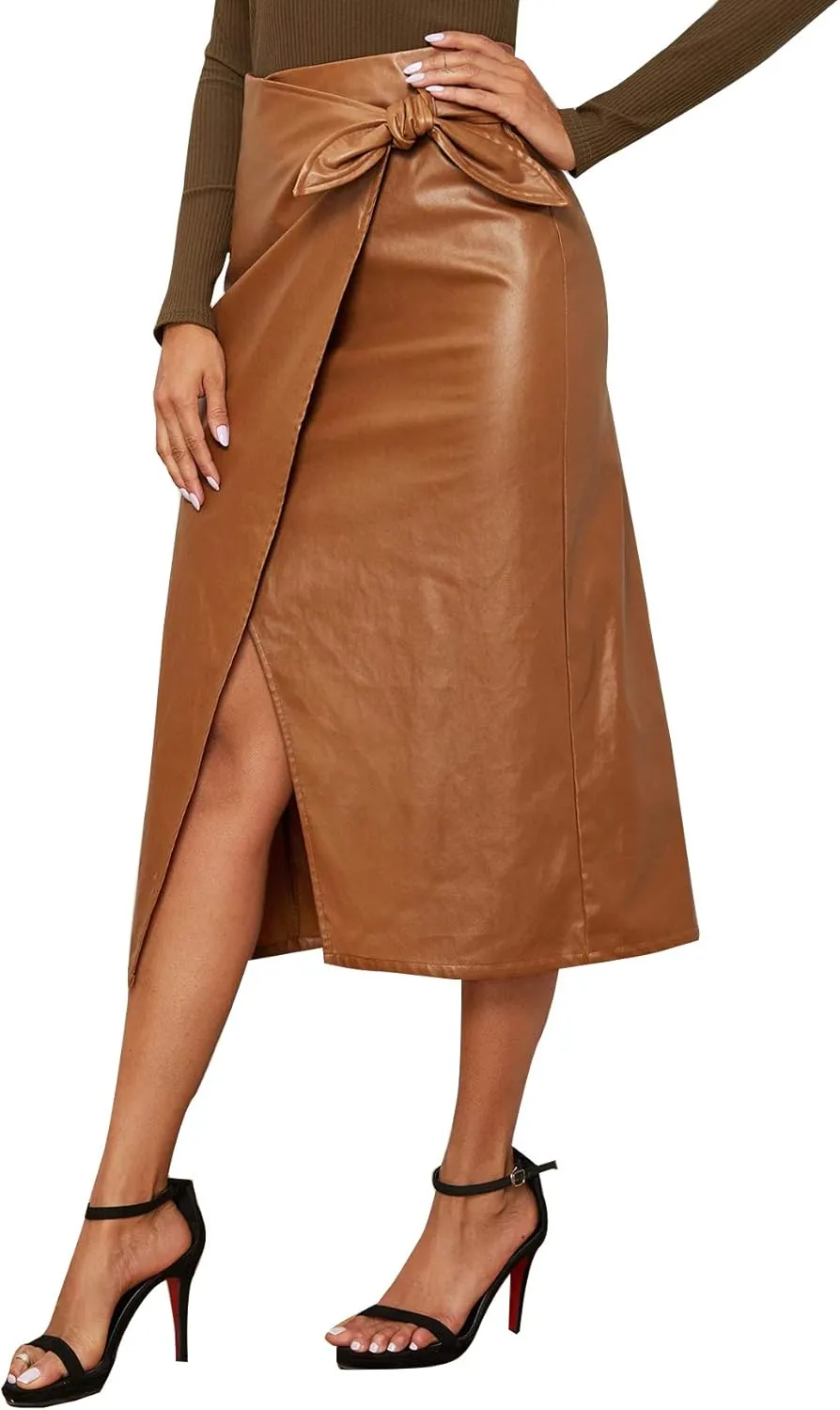 SweatyRocks Women's Elegant High Waist Tie Knot Wrap PU Leather Midi Skirts