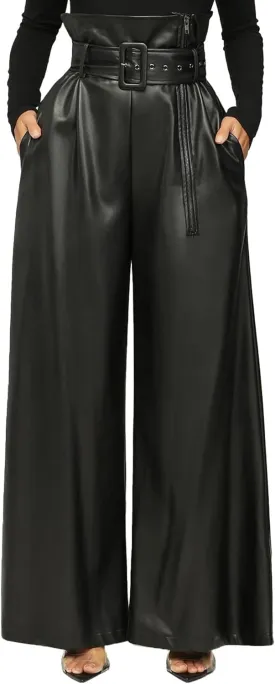Tcremisa Leather Pants for Women High Waisted Faux Leather Straight Wide Leg Pant PU Trousers with Belt