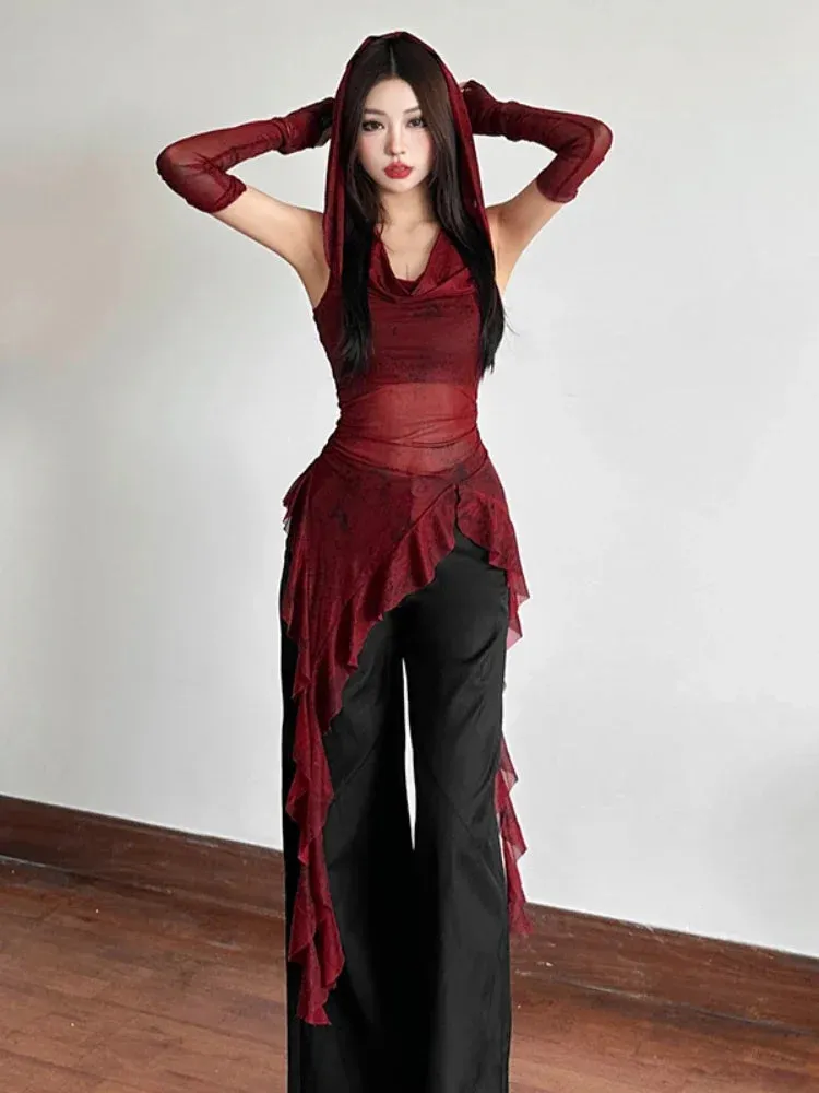 Trend4us Women's Gothic Hooded Mesh Asymmetrical Top