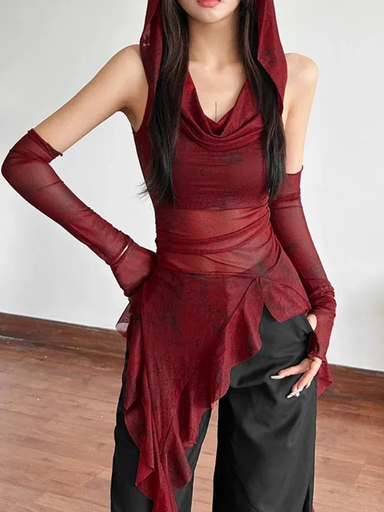 Trend4us Women's Gothic Hooded Mesh Asymmetrical Top