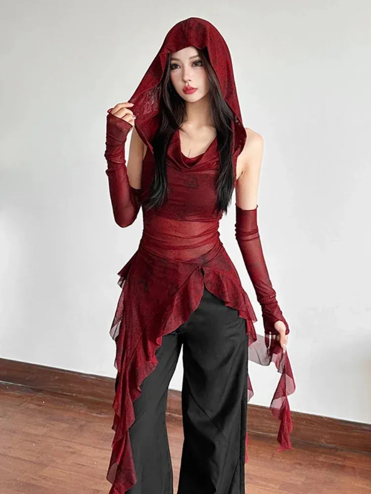 Trend4us Women's Gothic Hooded Mesh Asymmetrical Top