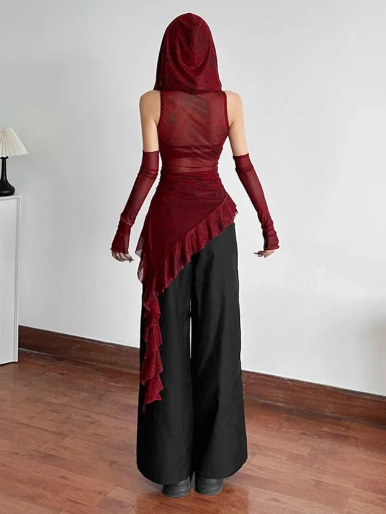 Trend4us Women's Gothic Hooded Mesh Asymmetrical Top