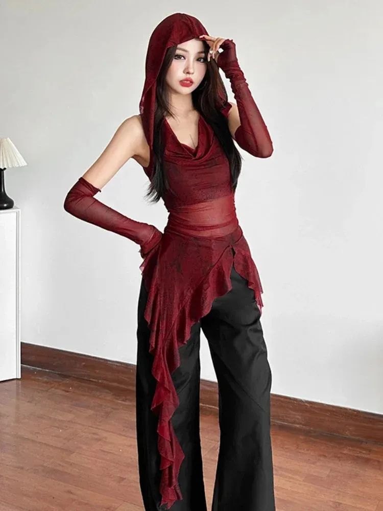 Trend4us Women's Gothic Hooded Mesh Asymmetrical Top