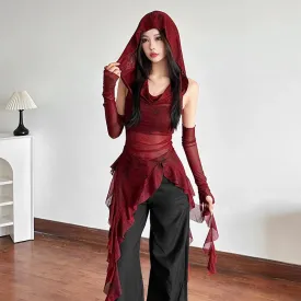 Trend4us Women's Gothic Hooded Mesh Asymmetrical Top