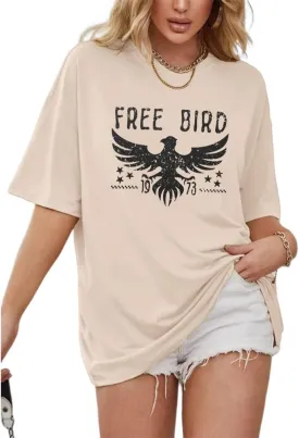 Vintage Rock Band T-Shirts for Women Retro Free Bird Eagle Graphic Country Music Tees Casual Loose Short Sleeve Tops