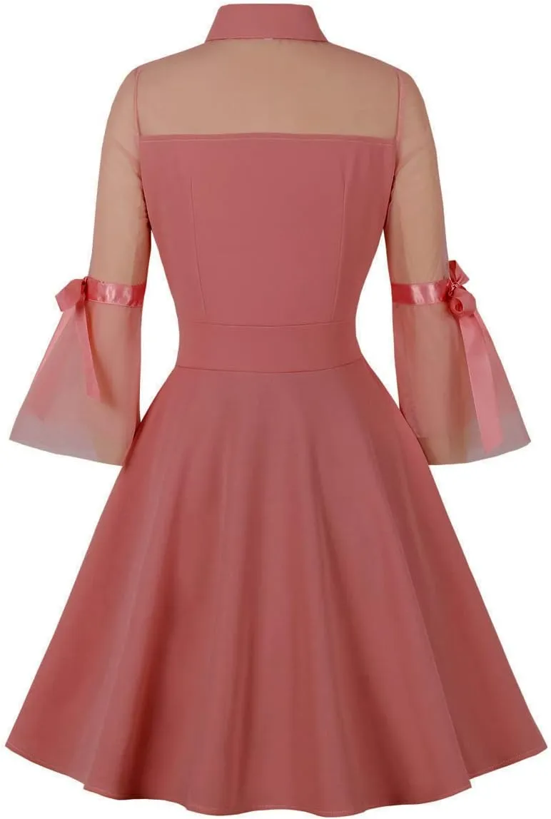 Wellwits Women's Keyhole Mesh Bell Sleeve Vintage Skater Dress