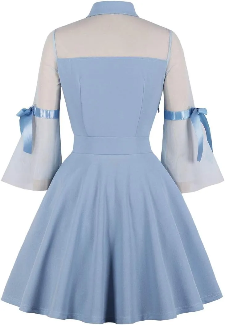Wellwits Women's Keyhole Mesh Bell Sleeve Vintage Skater Dress