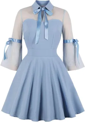 Wellwits Women's Keyhole Mesh Bell Sleeve Vintage Skater Dress