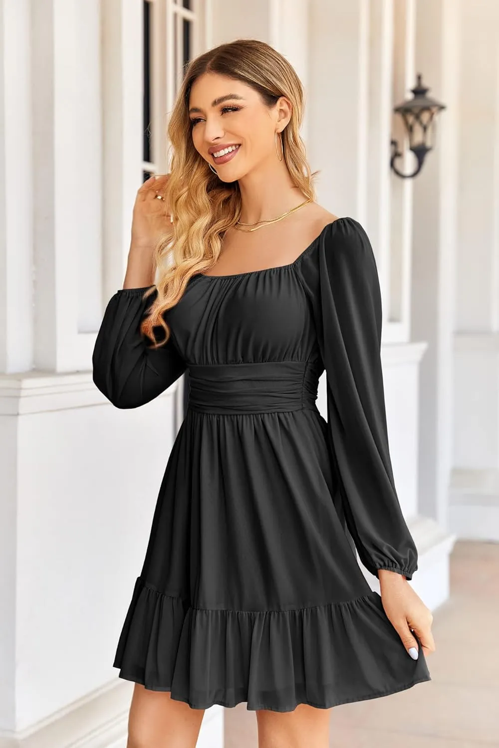 Wenrine Women's Mesh Long Sleeve Square Neck Dress High Waist A Line Ruffle Hem Flowy Casual Party Mini Dress