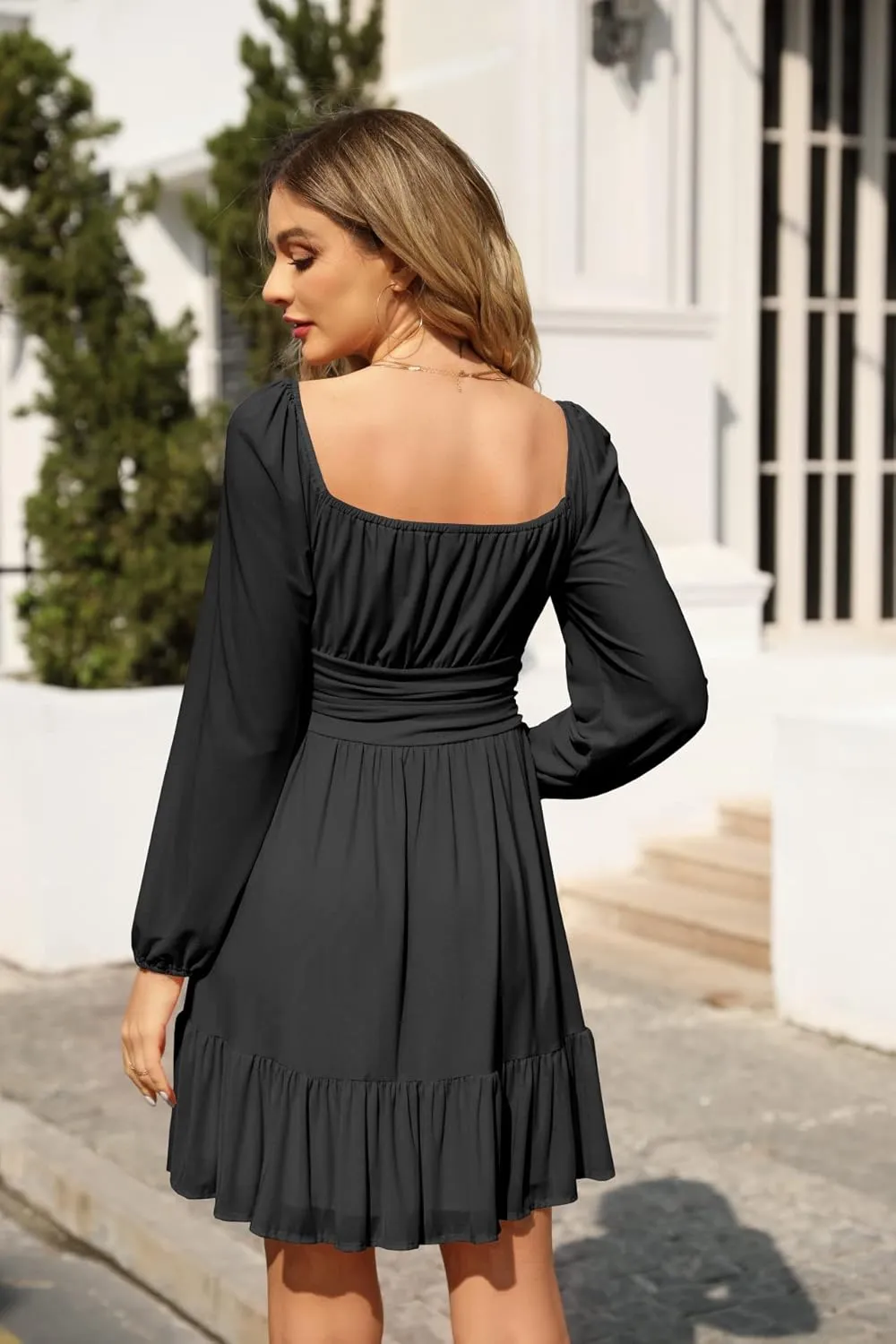 Wenrine Women's Mesh Long Sleeve Square Neck Dress High Waist A Line Ruffle Hem Flowy Casual Party Mini Dress