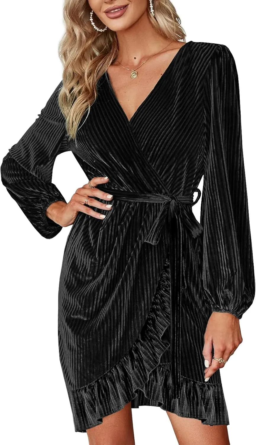 Wenrine Women's Velvet Wrap Mini Dresses Casual V Neck Long Sleeve Ruffle Club Dress