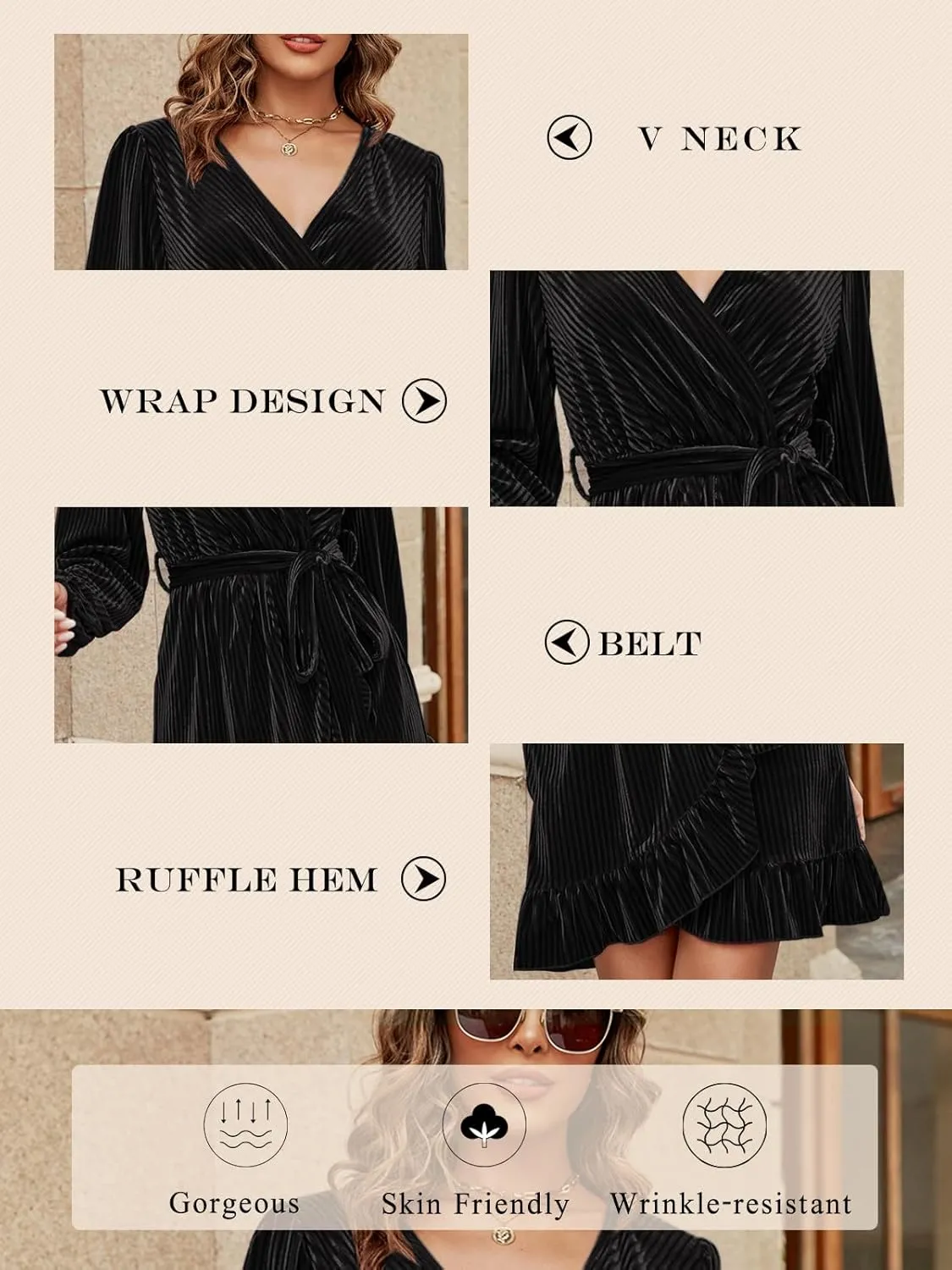 Wenrine Women's Velvet Wrap Mini Dresses Casual V Neck Long Sleeve Ruffle Club Dress
