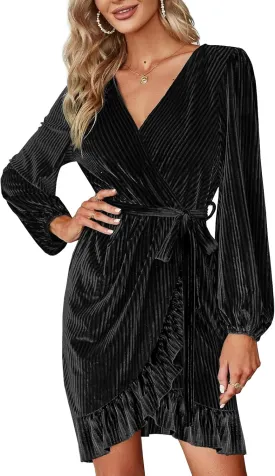 Wenrine Women's Velvet Wrap Mini Dresses Casual V Neck Long Sleeve Ruffle Club Dress