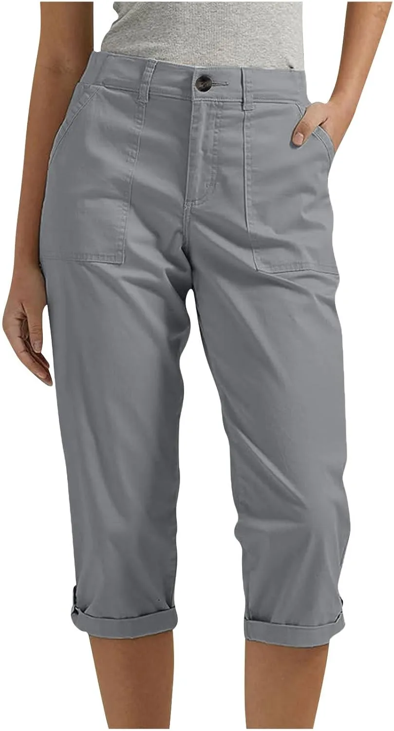 Womens Capris with Pockets Stretch Lightweight Casual Cargo Pants Rolled Hem Summer Cropped Trousers Outdoor Clothes