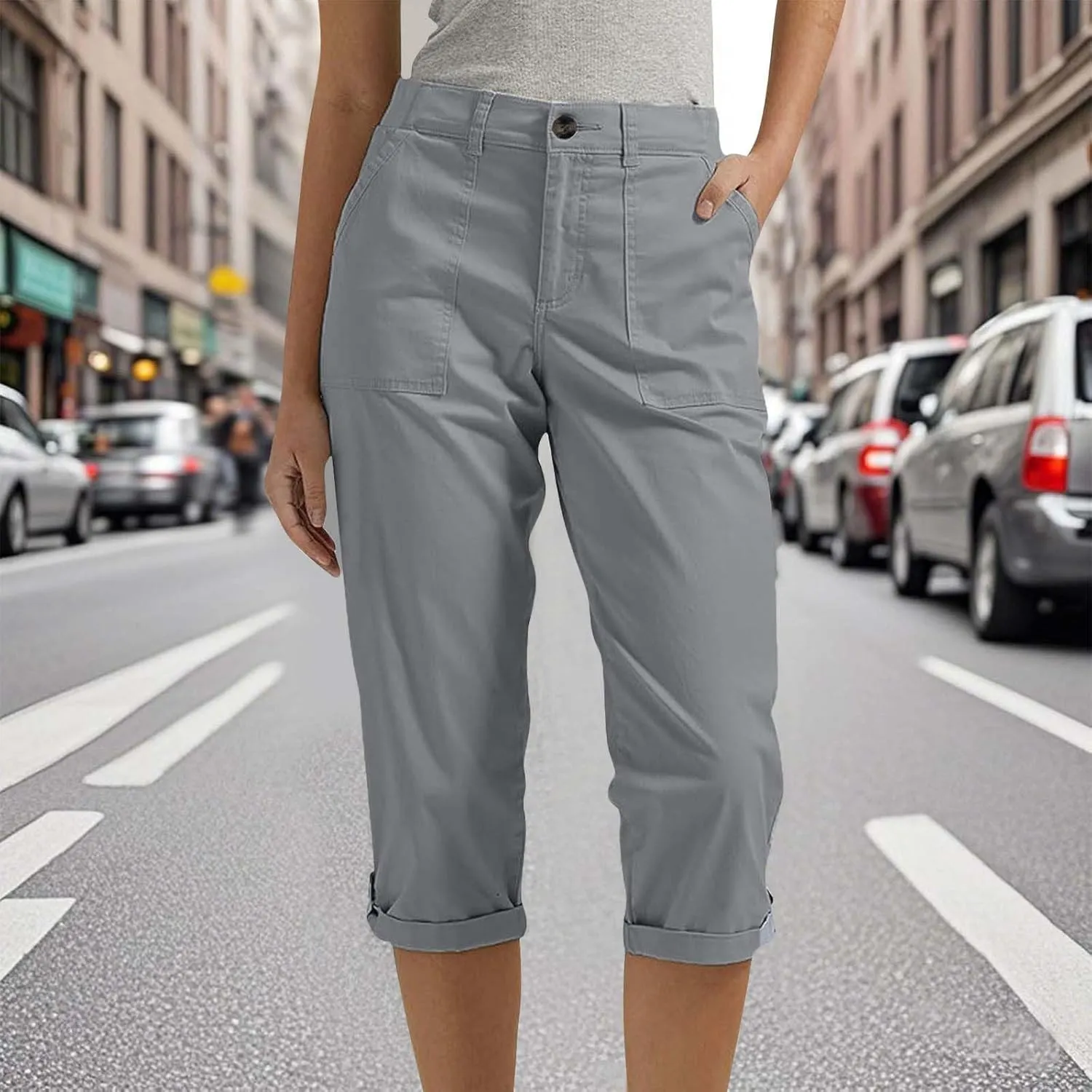 Womens Capris with Pockets Stretch Lightweight Casual Cargo Pants Rolled Hem Summer Cropped Trousers Outdoor Clothes