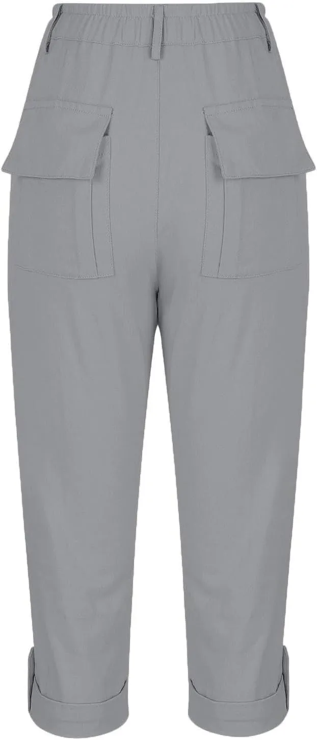 Womens Capris with Pockets Stretch Lightweight Casual Cargo Pants Rolled Hem Summer Cropped Trousers Outdoor Clothes