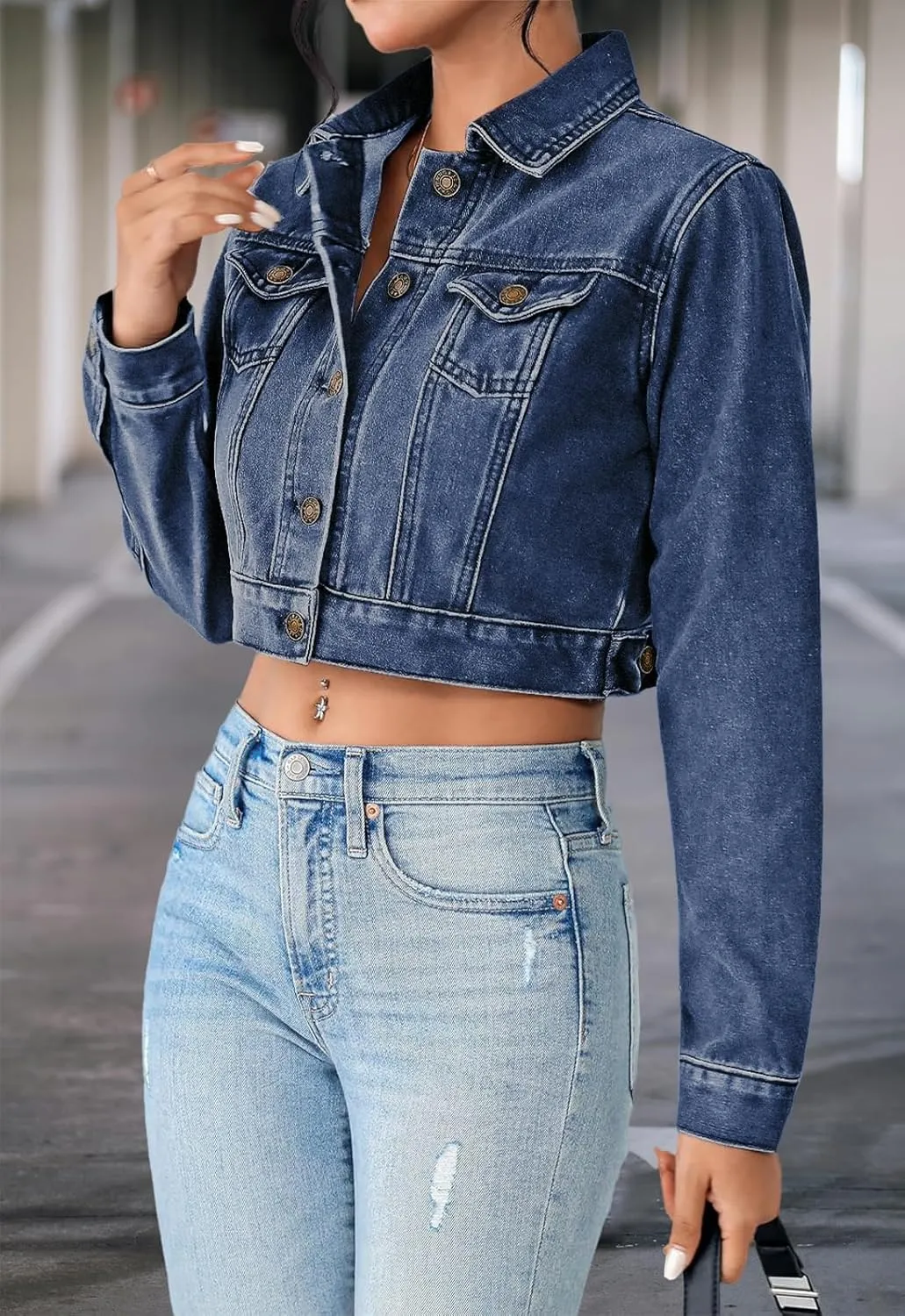 Women's Cropped Denim Washed Distressed Button Down Long Sleeve Jean Jacket Coats
