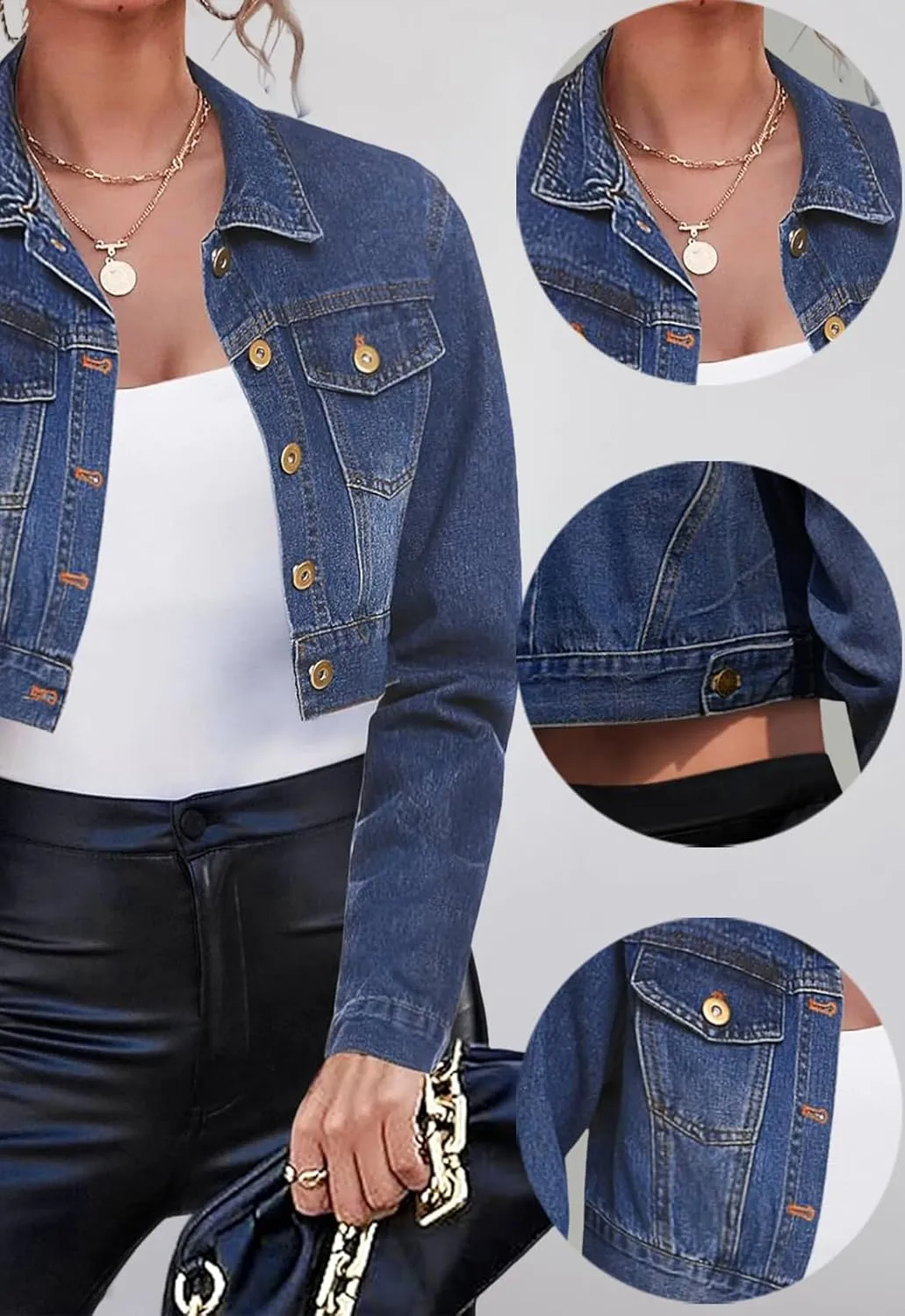 Women's Cropped Denim Washed Distressed Button Down Long Sleeve Jean Jacket Coats