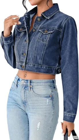 Women's Cropped Denim Washed Distressed Button Down Long Sleeve Jean Jacket Coats