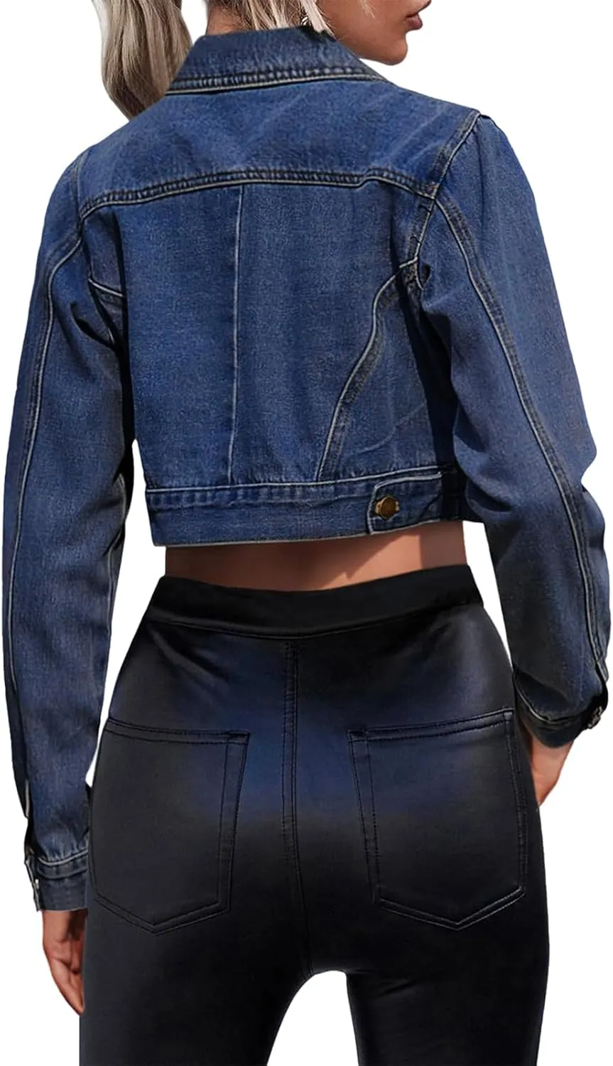 Women's Cropped Denim Washed Distressed Button Down Long Sleeve Jean Jacket Coats