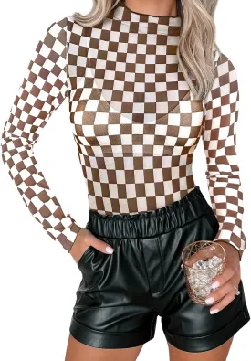 Womens Floral Mesh Top Mock Neck Long Sleeve Slim Fit See Through Shirt Blouses Tops