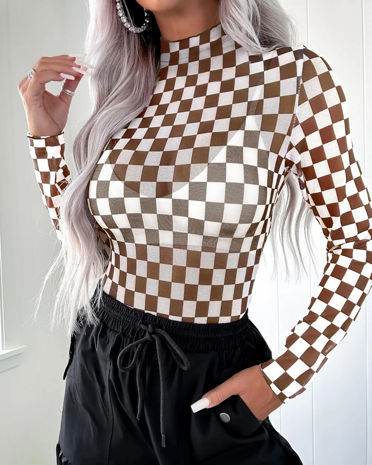 Womens Floral Mesh Top Mock Neck Long Sleeve Slim Fit See Through Shirt Blouses Tops