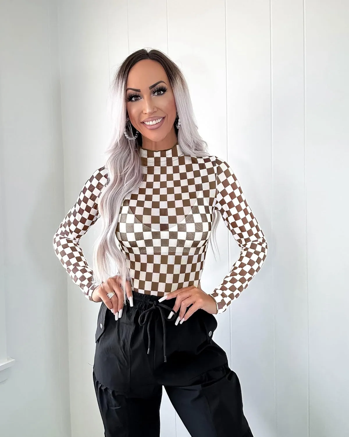 Womens Floral Mesh Top Mock Neck Long Sleeve Slim Fit See Through Shirt Blouses Tops