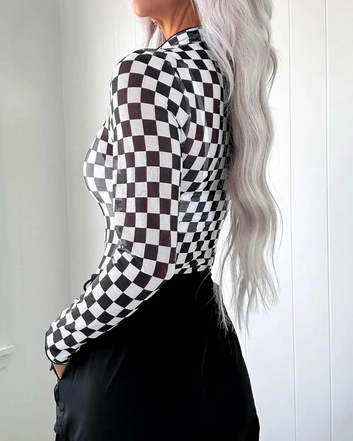 Womens Floral Mesh Top Mock Neck Long Sleeve Slim Fit See Through Shirt Blouses Tops