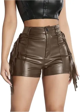 Women's Fringe Trim PU Leather Club Party Shorts Cowgirl Tassel High Waist Straight Leg Mini Shorts
