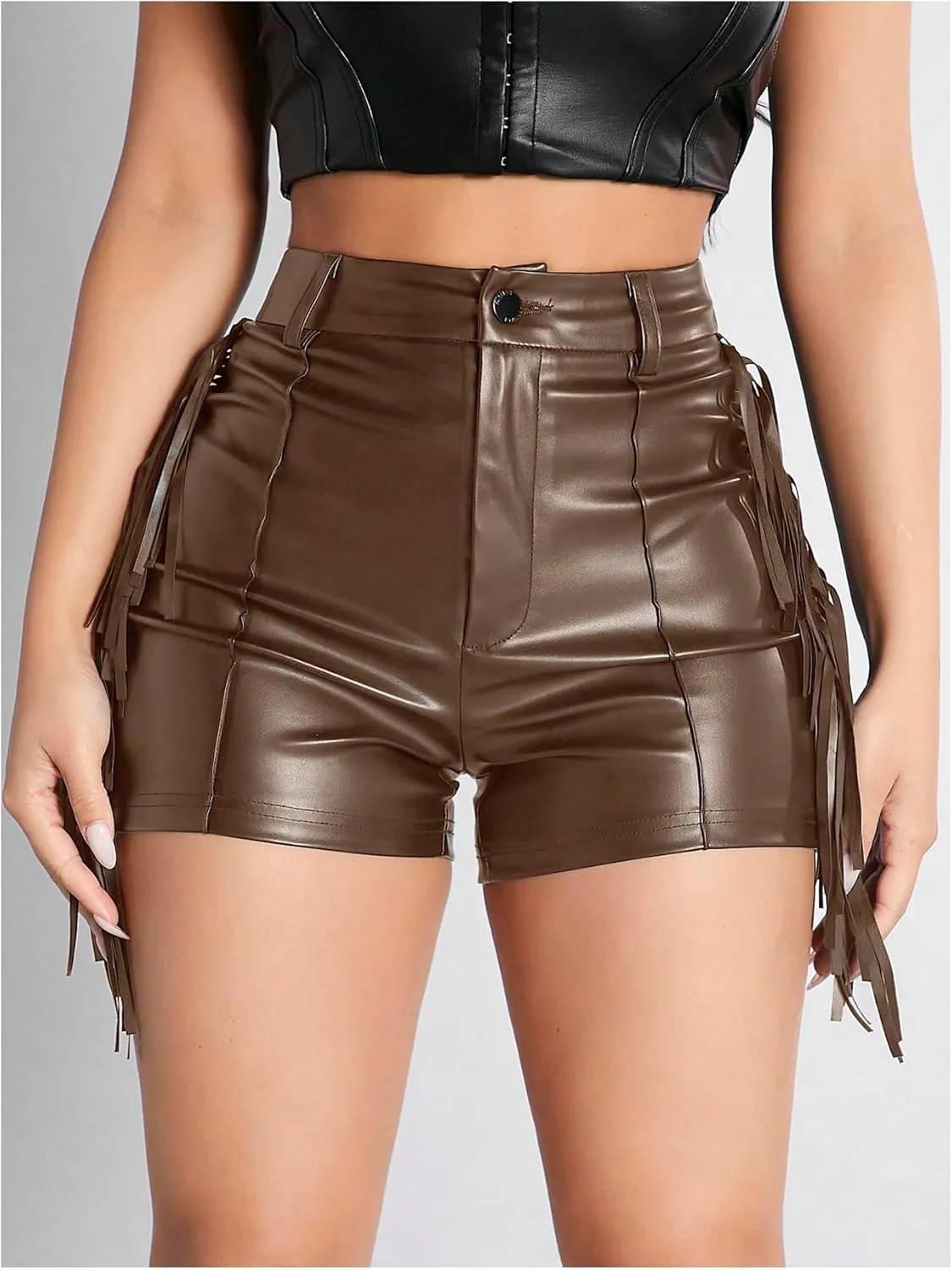 Women's Fringe Trim PU Leather Club Party Shorts Cowgirl Tassel High Waist Straight Leg Mini Shorts