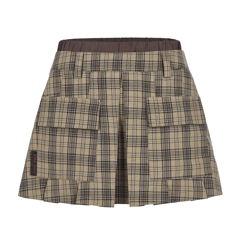 Women's Grunge Big-pocket Plaid Pleated Skirt