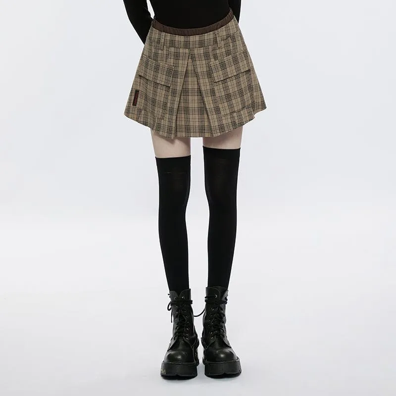 Women's Grunge Big-pocket Plaid Pleated Skirt