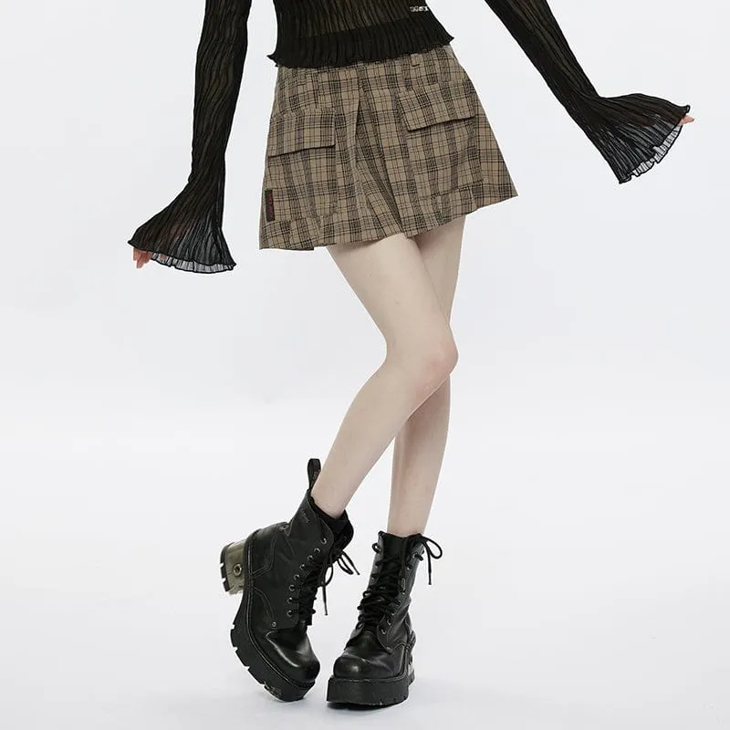 Women's Grunge Big-pocket Plaid Pleated Skirt