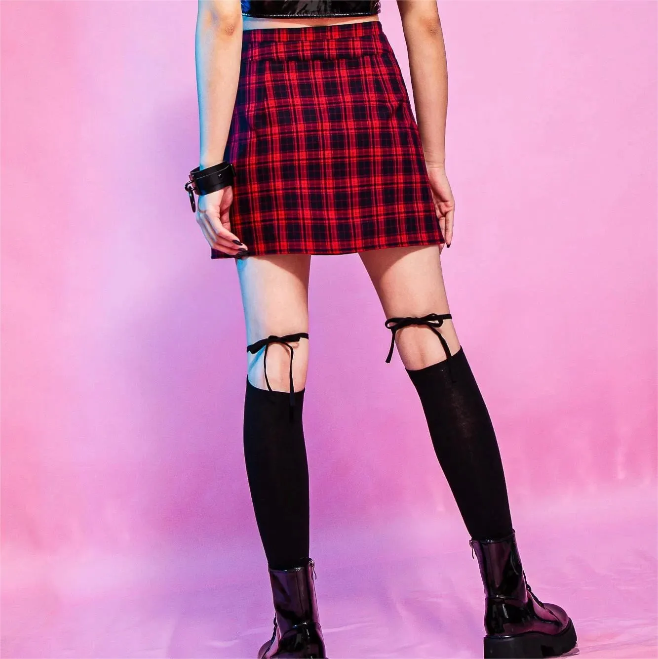 Women's Grunge Cutout Buckle Plaid Skirt