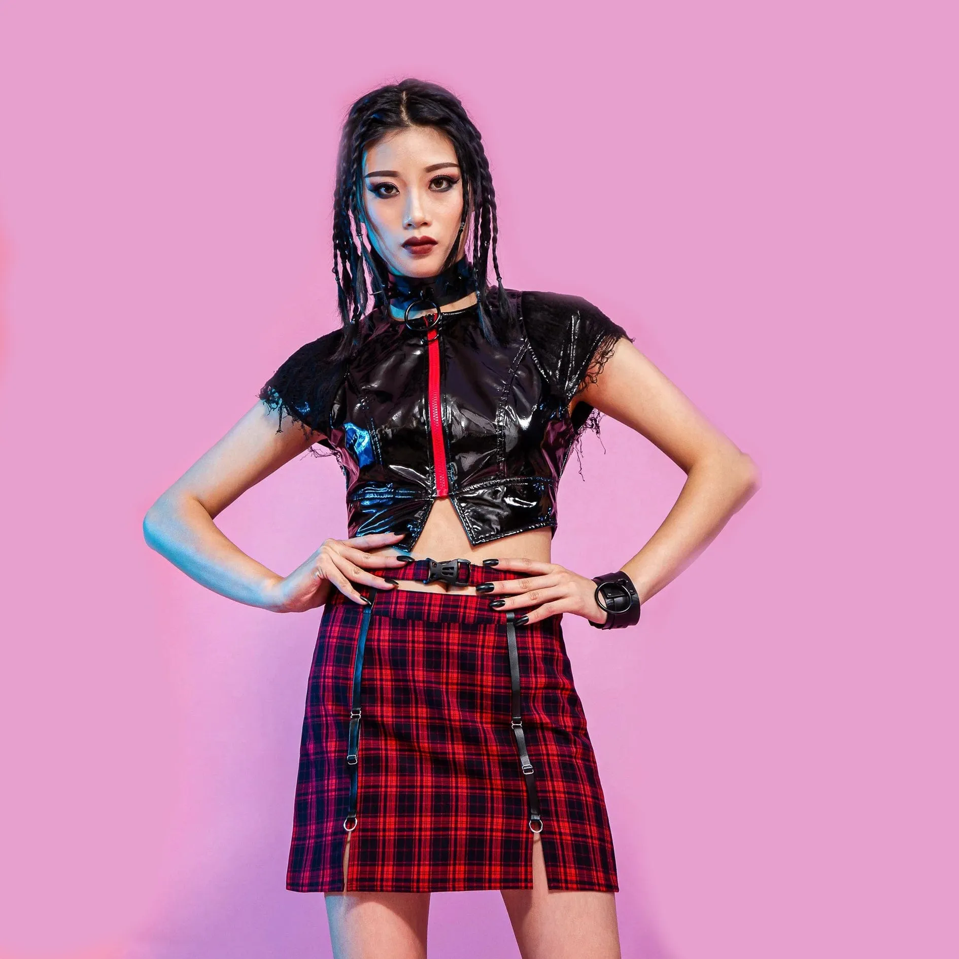 Women's Grunge Cutout Buckle Plaid Skirt