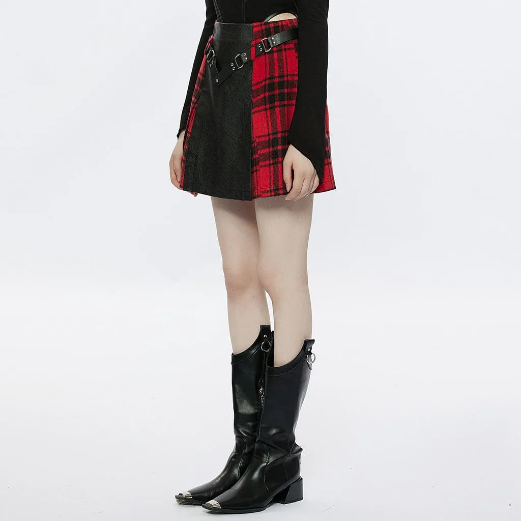 Women's Grunge Faux Leather Splice Plaid Skirt