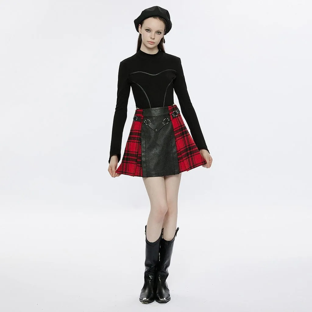 Women's Grunge Faux Leather Splice Plaid Skirt